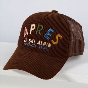 Anthropologie Brown Corduroy 'Après' Embroidered Trucker Hat NWT